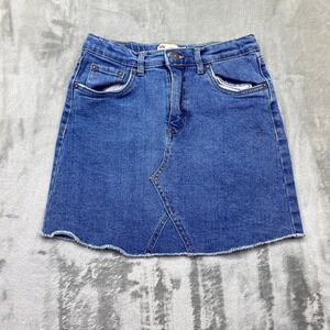 Levis High Rise Denim Mini Skirt Raw Hem Womens Blue Jean Skirt Size 12 Fits 24"